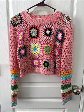 debut Pink Crochet Granny Square Crewneck Sweater with Multicolor Accents